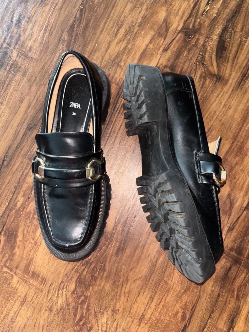 Zara Black Leather Lug Sole Loafers with Gold Buckle